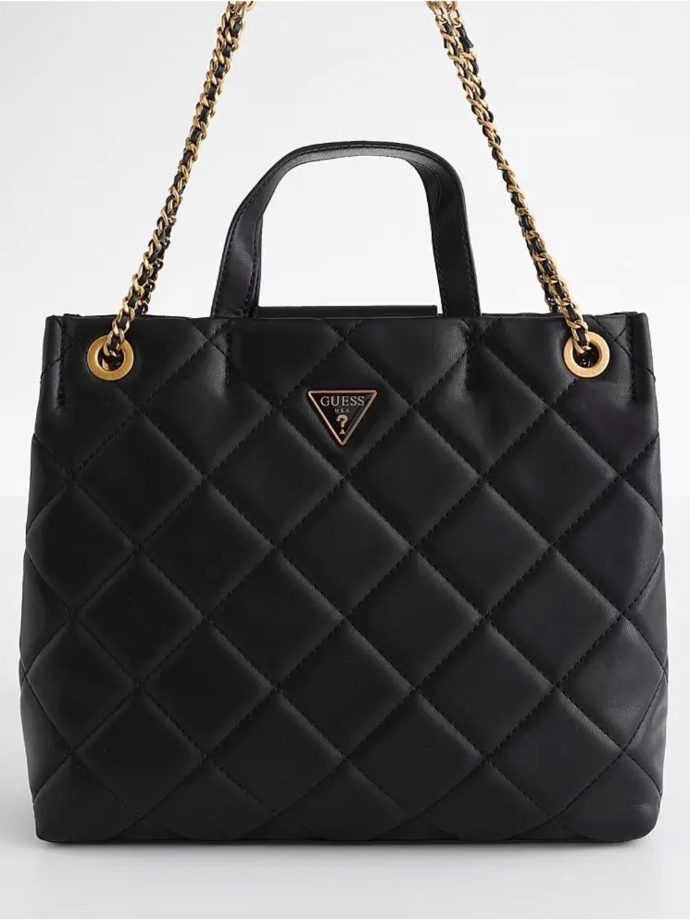 NWT ($96.00) GUESS Cessily Girlfriend Purse Black Quilted Tote Gold Chain Trim